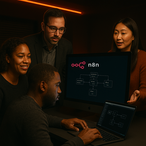 Funcionarios em uma sala olhando computador com n8n