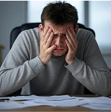 Homem olhando para mesa com as mãos na cabeça