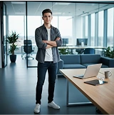 Homem de terno, com os braços cruzados em uma sala de escritório